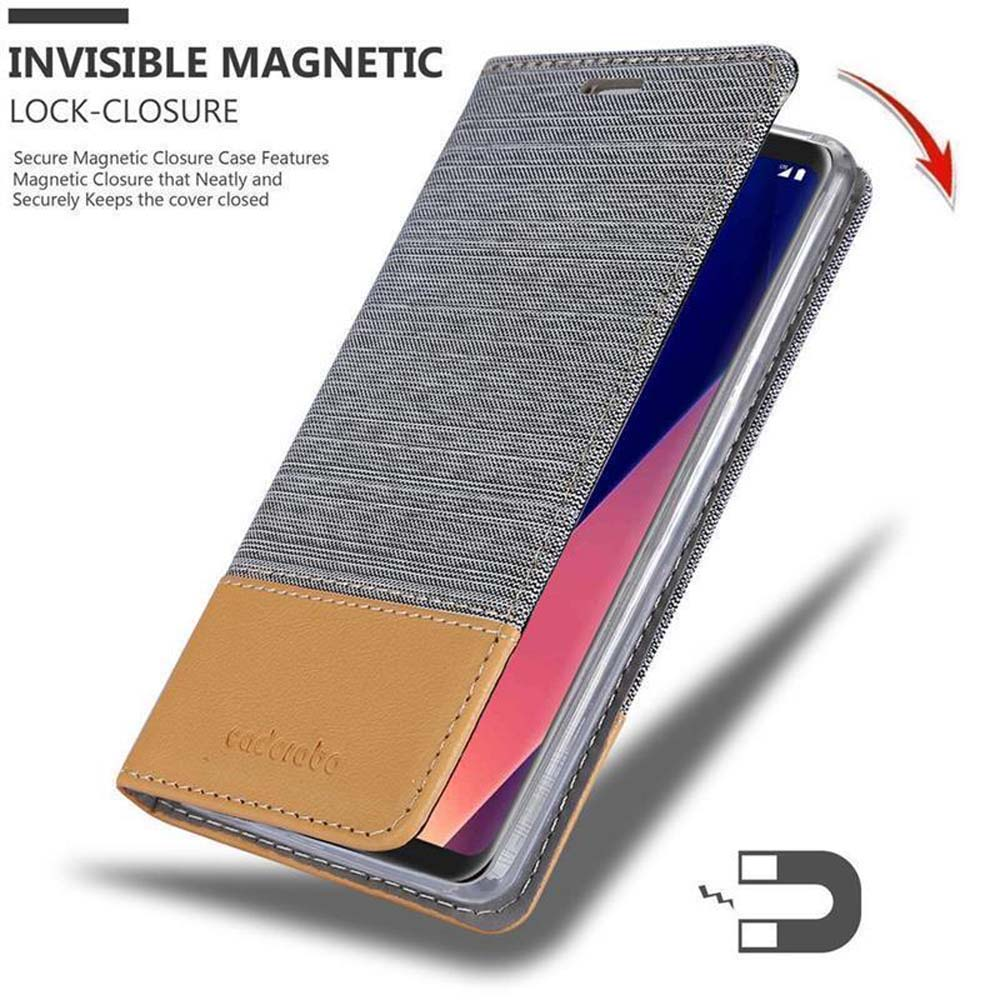 Telefonhülle, offen, mit Telefon. Die Hülle ist grau und braun. Text: Unsichtbarer Magnetverschluss.