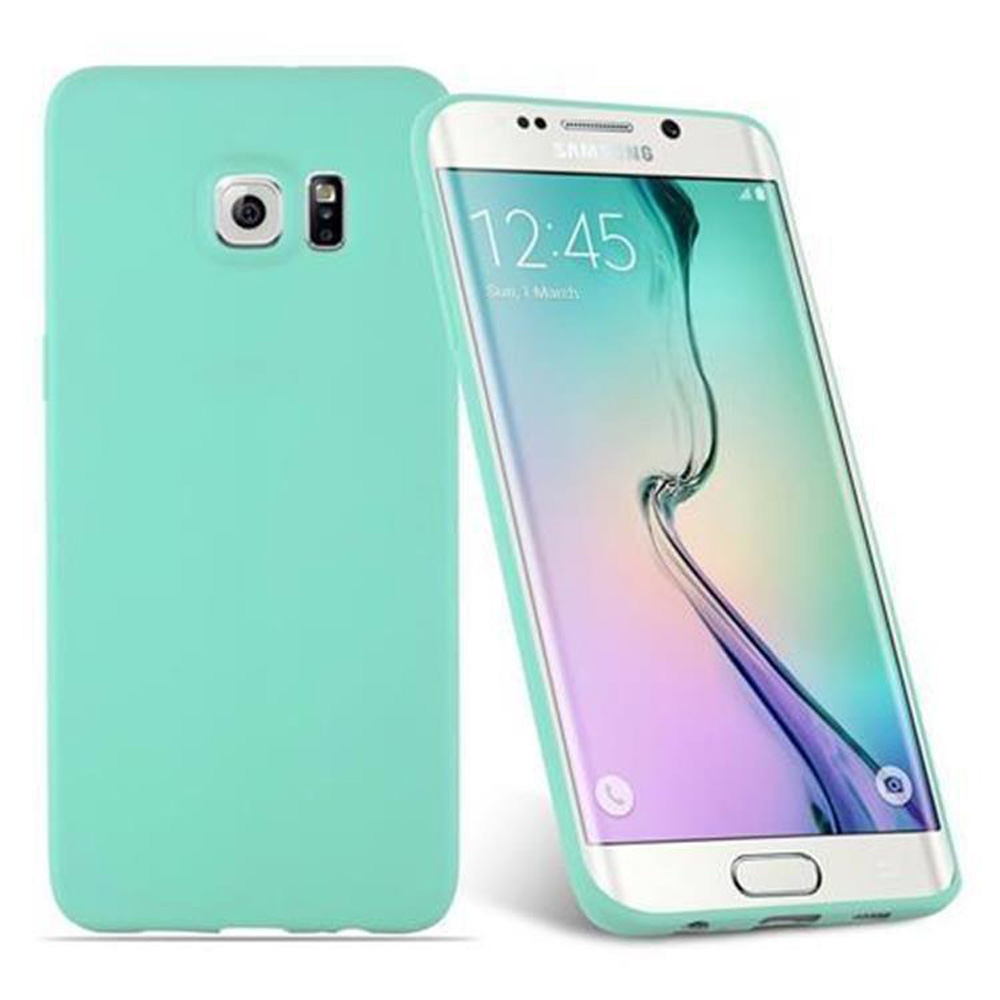 Custodia per telefono verde menta e un telefono. Il telefono è un Samsung.