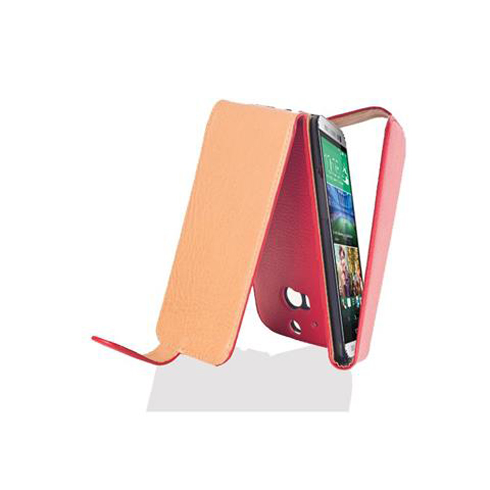 Funda de teléfono en posición abierta. Teléfono visible con pantalla encendida.