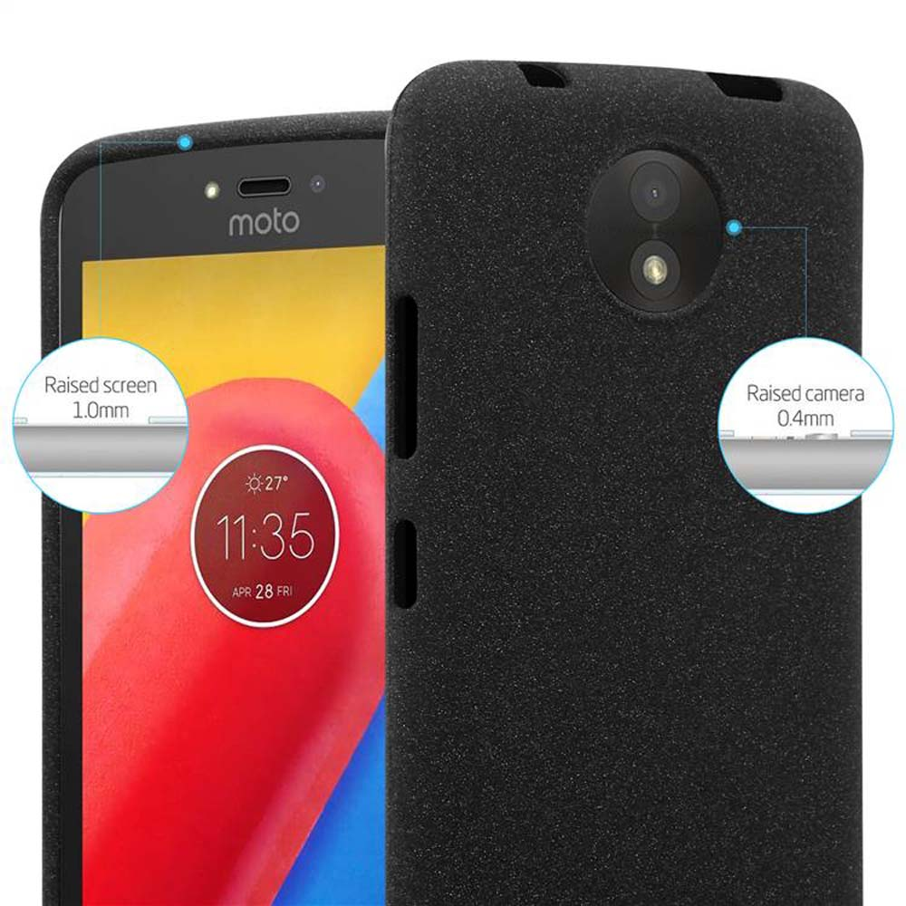 Custodia per telefono nera con un telefono all'interno. Il testo mostra la protezione dello schermo e della fotocamera rialzata.