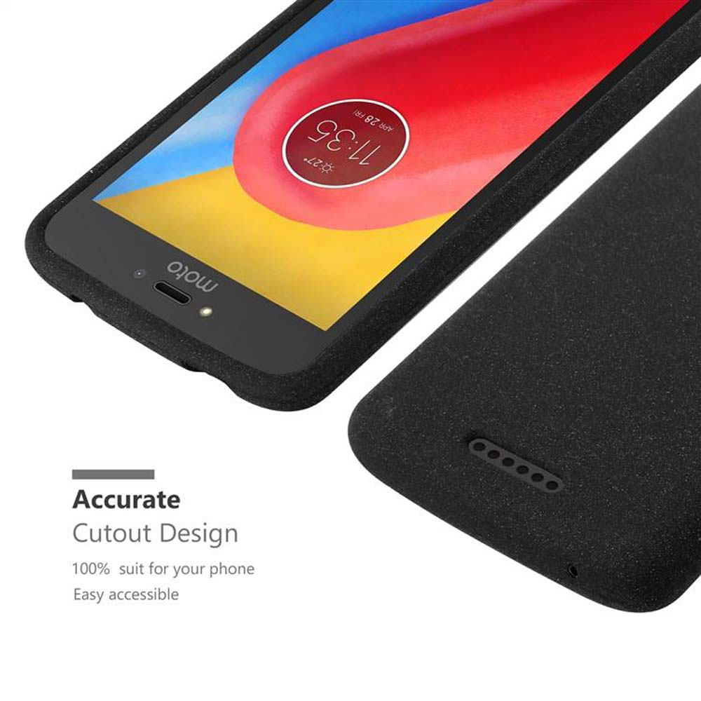 Telefono nero in una custodia, che mostra lo schermo e la cover posteriore.