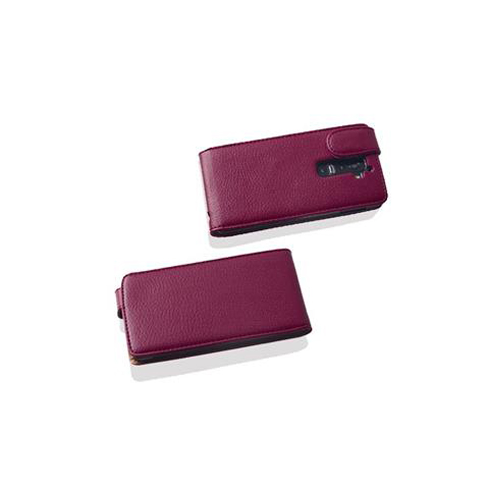 Dos fundas de cuero burdeos para teléfono. Una funda está abierta, la otra cerrada.