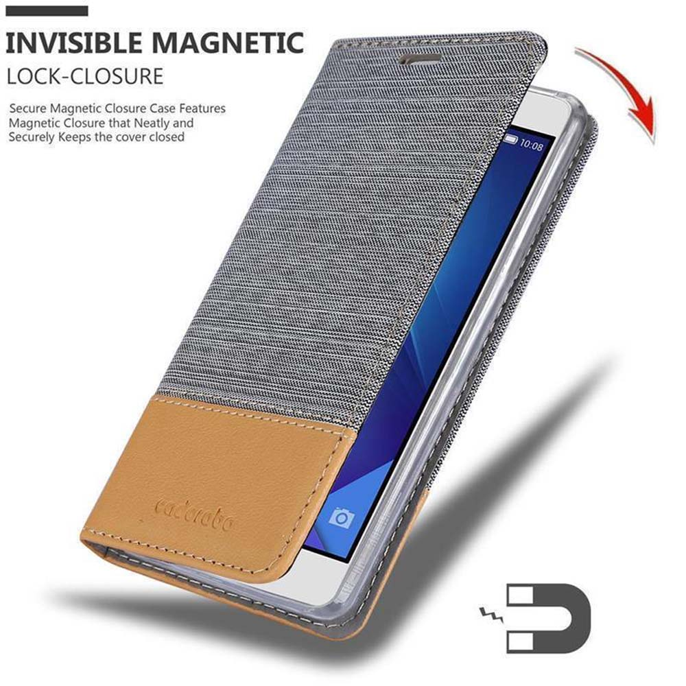 Custodia per telefono grigia con coperchio aperto. All'interno c'è un telefono che mostra uno schermo blu. La custodia ha una chiusura magnetica.