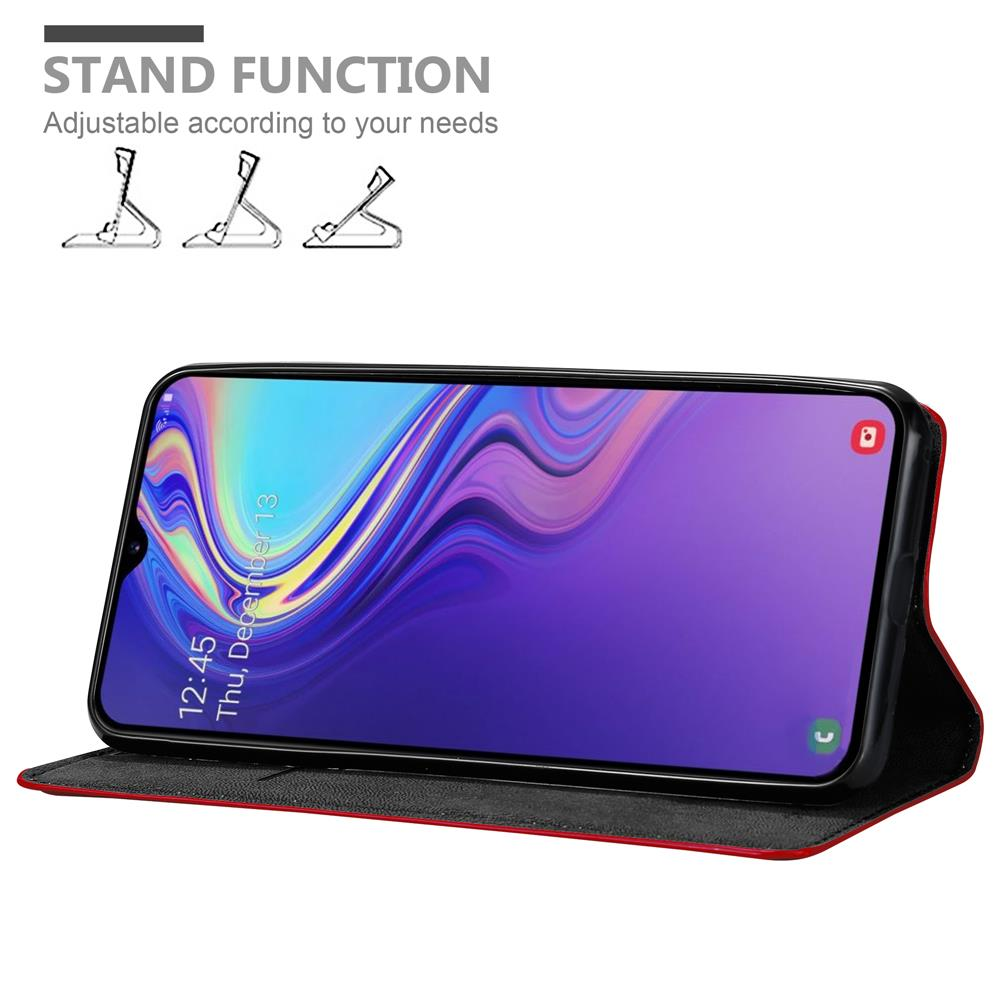 Telefon in einer Hülle, offen. Der Bildschirm zeigt ein lilafarbenes Bild. Text: Standfunktion.