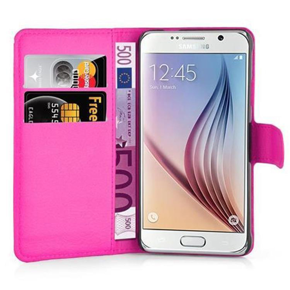 Custodia rosa per telefono con fessure per carte e denaro, che tiene un telefono con visualizzazione dell'ora.