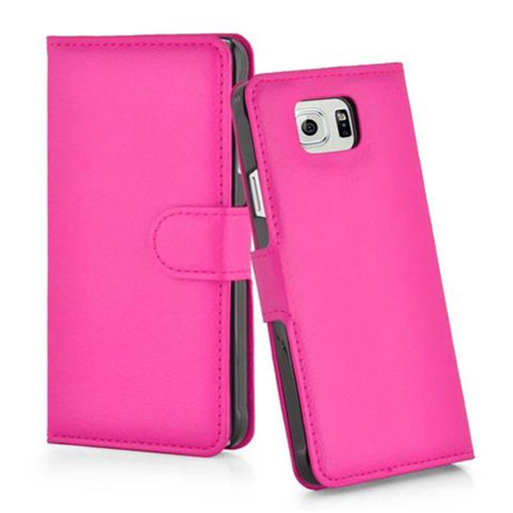 Custodia per telefono rosa, aperta e chiusa, che mostra la parte anteriore del telefono.