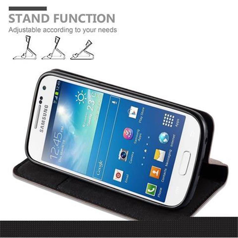 Telefon in schwarzem Gehäuse mit Standfunktion. Der Bildschirm zeigt Apps an. Hintergrund: weiß.