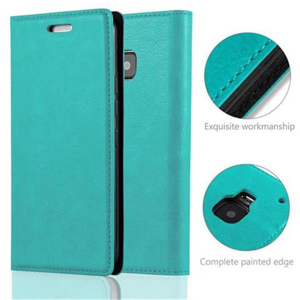 Funda de teléfono turquesa con detalles de costura y primer plano del borde. También se muestran detalles en el lateral de la funda.