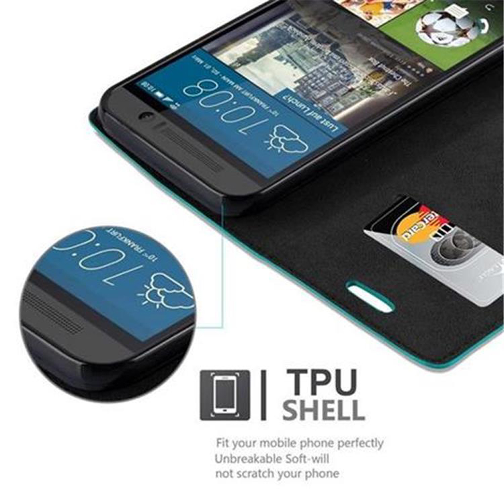 Funda negra con un teléfono dentro, mostrando la pantalla. Muestra una tarjeta en una ranura.