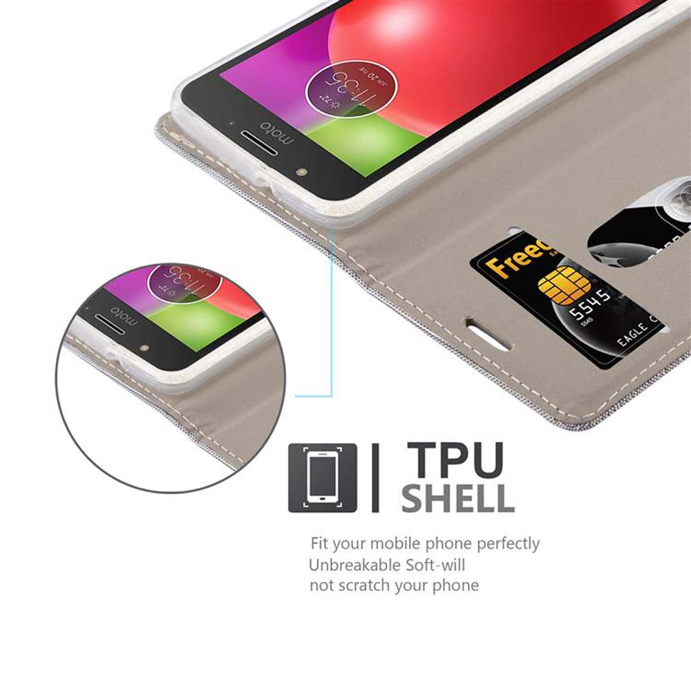 Telefono in una custodia con carta di credito visibile e testo: Guscio in TPU, si adatta perfettamente.