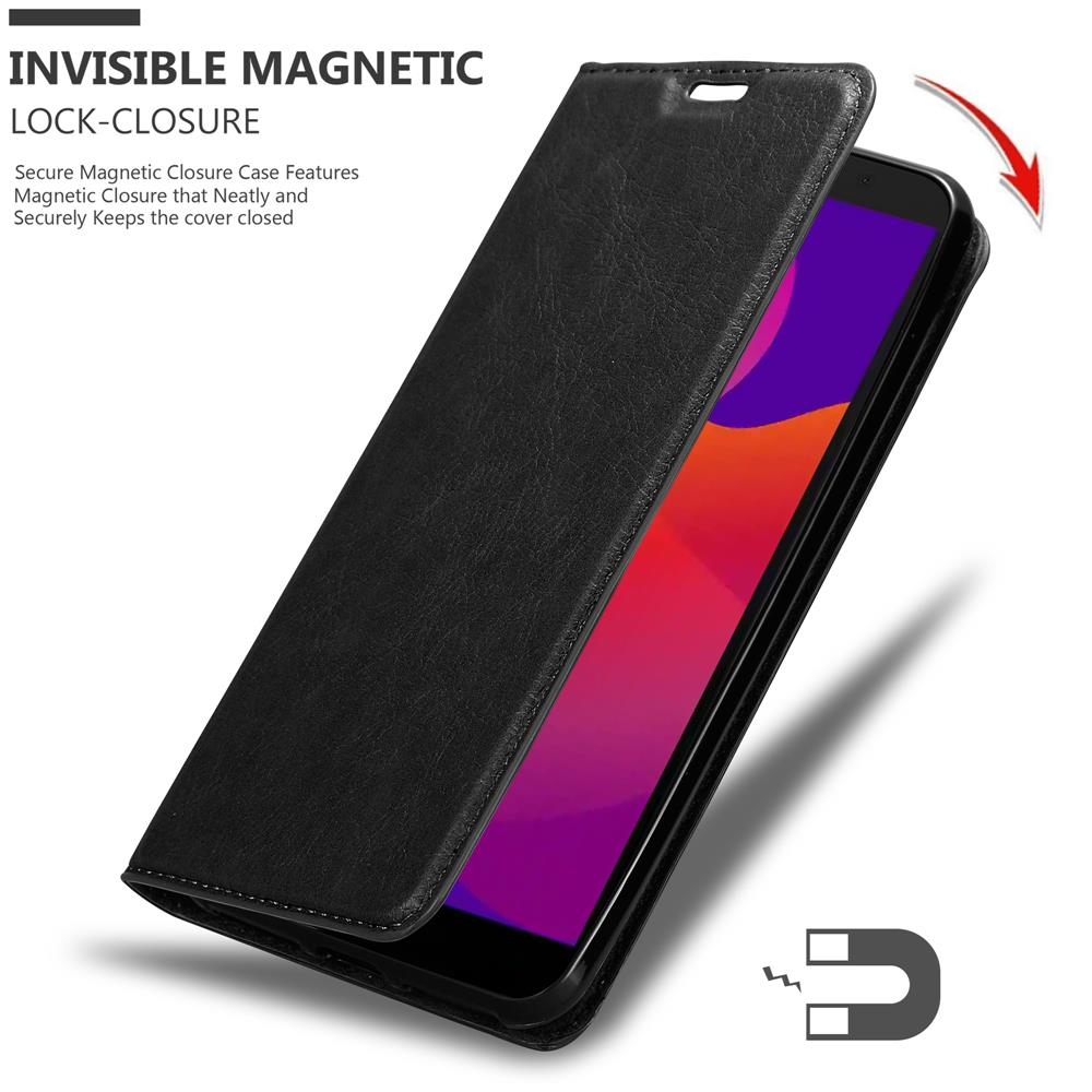 Custodia per telefono nera, aperta per mostrare un telefono con schermo viola e rosso.