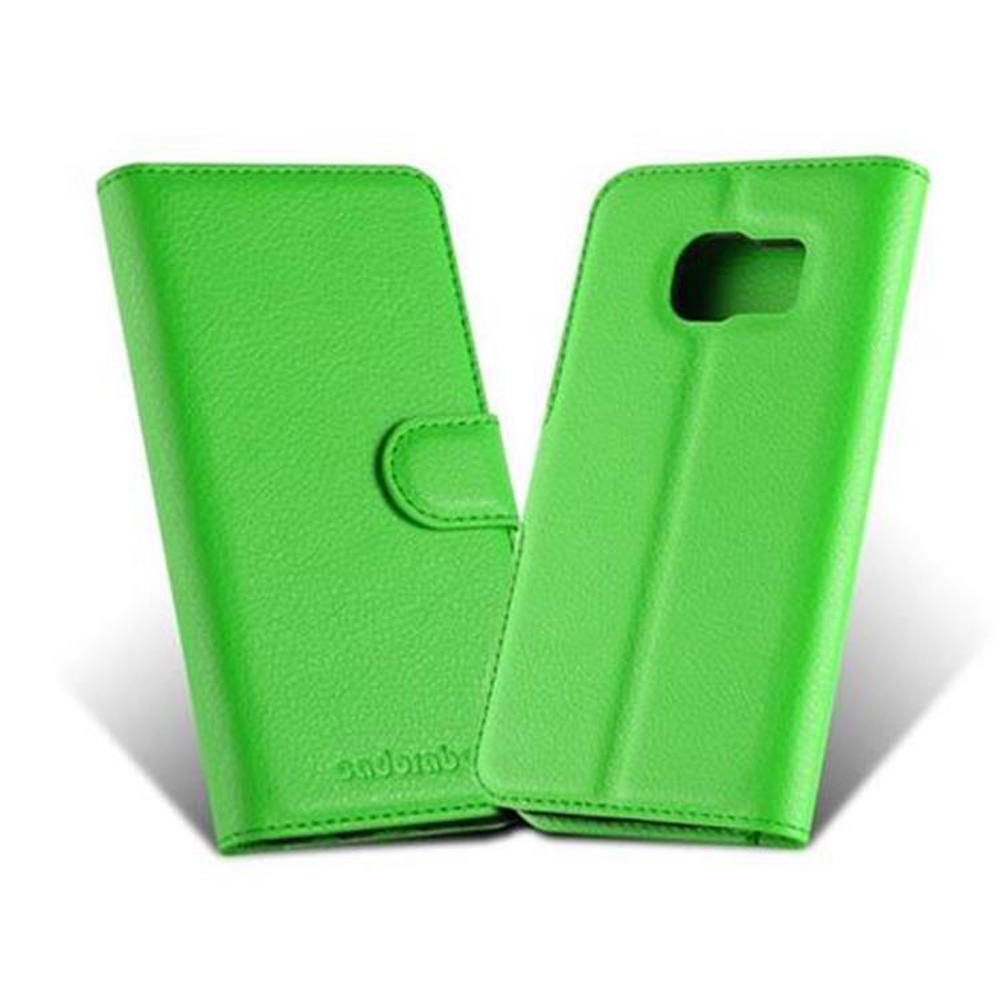 Custodia verde per telefono aperta. Entrambi i lati della custodia sono visibili. La custodia è in pelle.