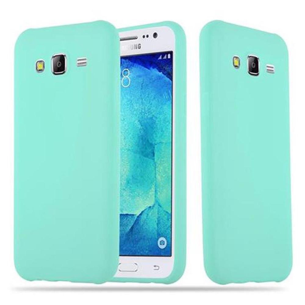 Dos fundas de teléfono verde azulado con teléfono. El teléfono es blanco.
