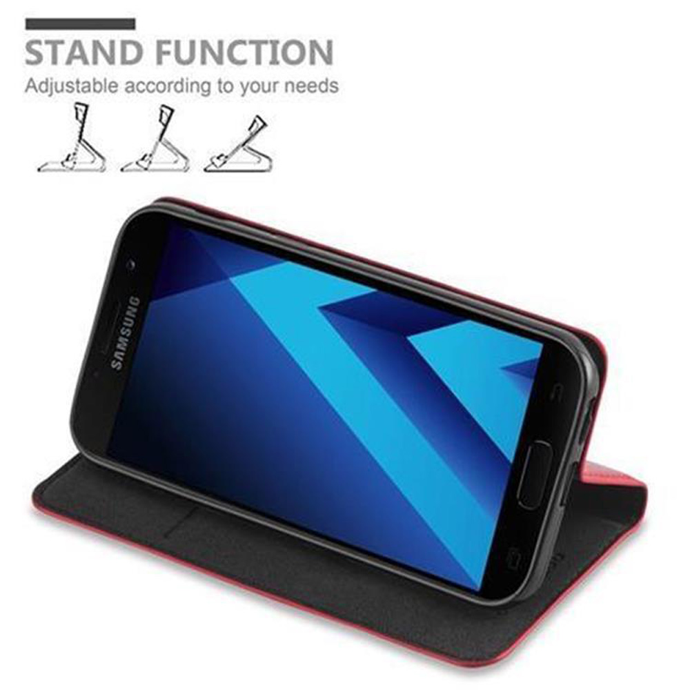 Smartphone in einer Hülle, geöffnet, blauer Bildschirm. Standfunktion verfügbar. Drei Ständerpositionen.