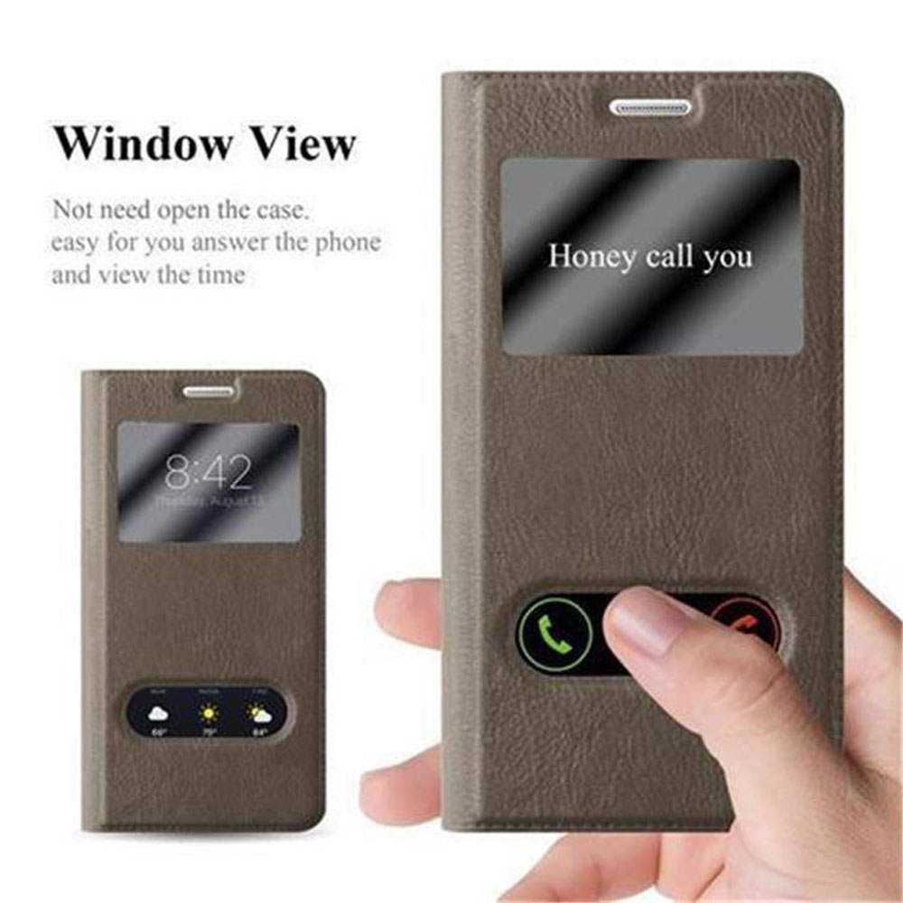 Funda de teléfono abierta mostrando la hora. Texto: Vista de ventana. Mano con botón.