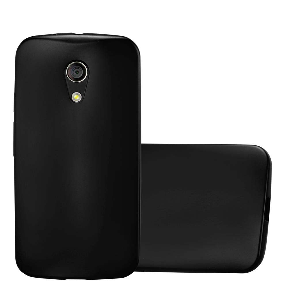 Funda de teléfono negra sobre fondo blanco. La parte trasera tiene una lente de cámara.