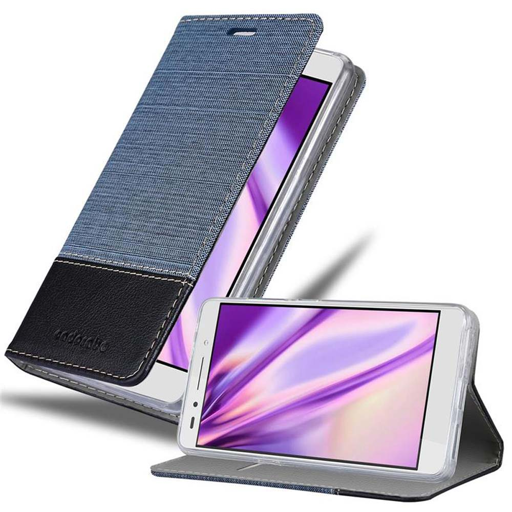 Custodia per telefono, aperta e chiusa. Custodia blu e nera con telefono bianco.