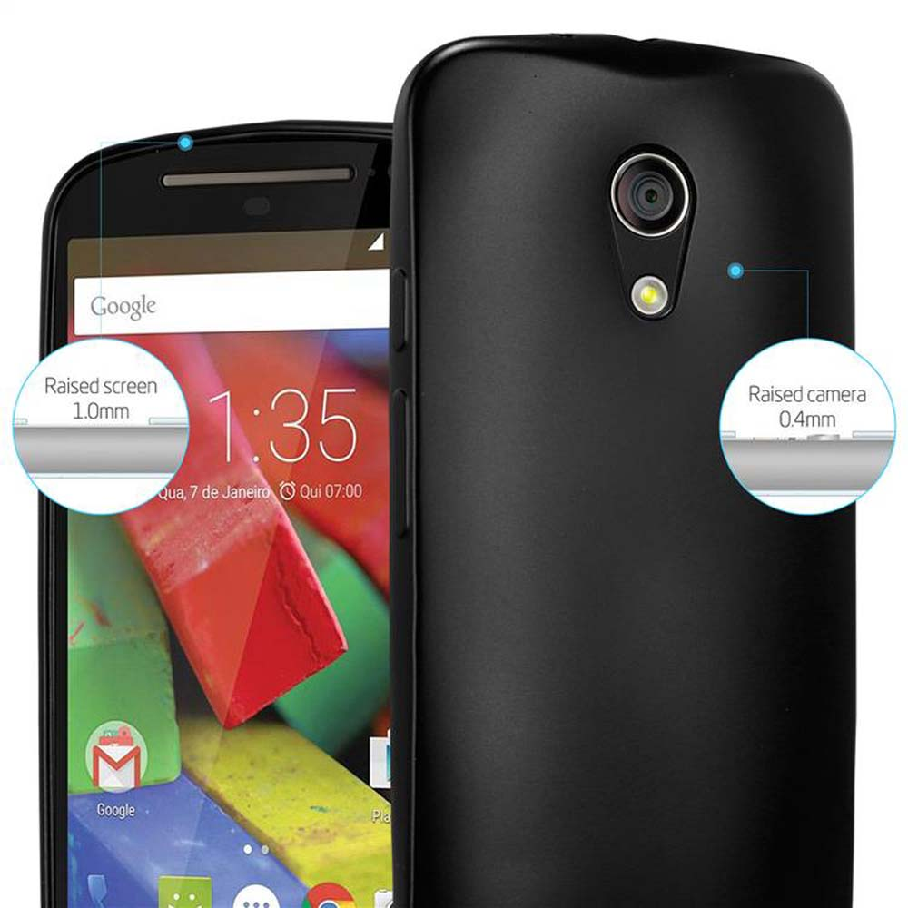Un teléfono negro con pantalla y cámara elevadas. El teléfono muestra Google y la hora.