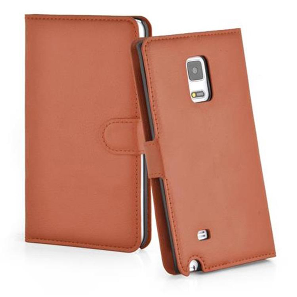 Orangefarbene Handyhülle, geöffnet, mit einem Telefon darin. Das Telefon hat eine Kamera und eine Taste.
