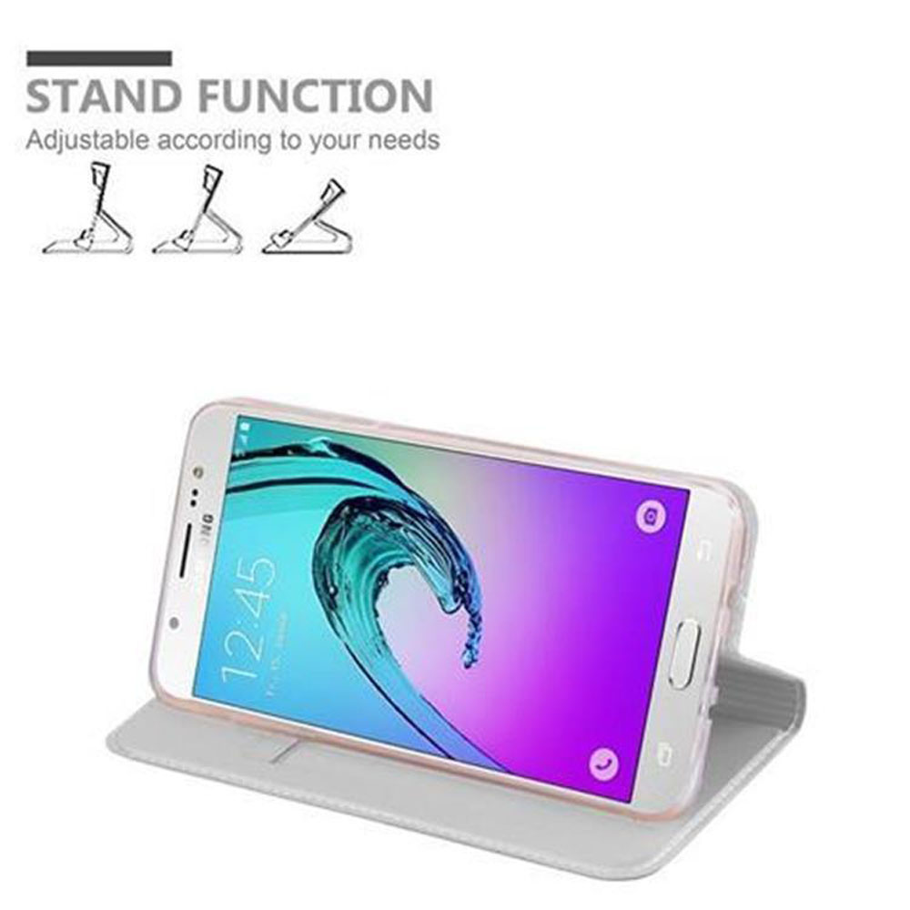 Telefon in einer hochgestellten Hülle. Text lautet 'Stand Function'.