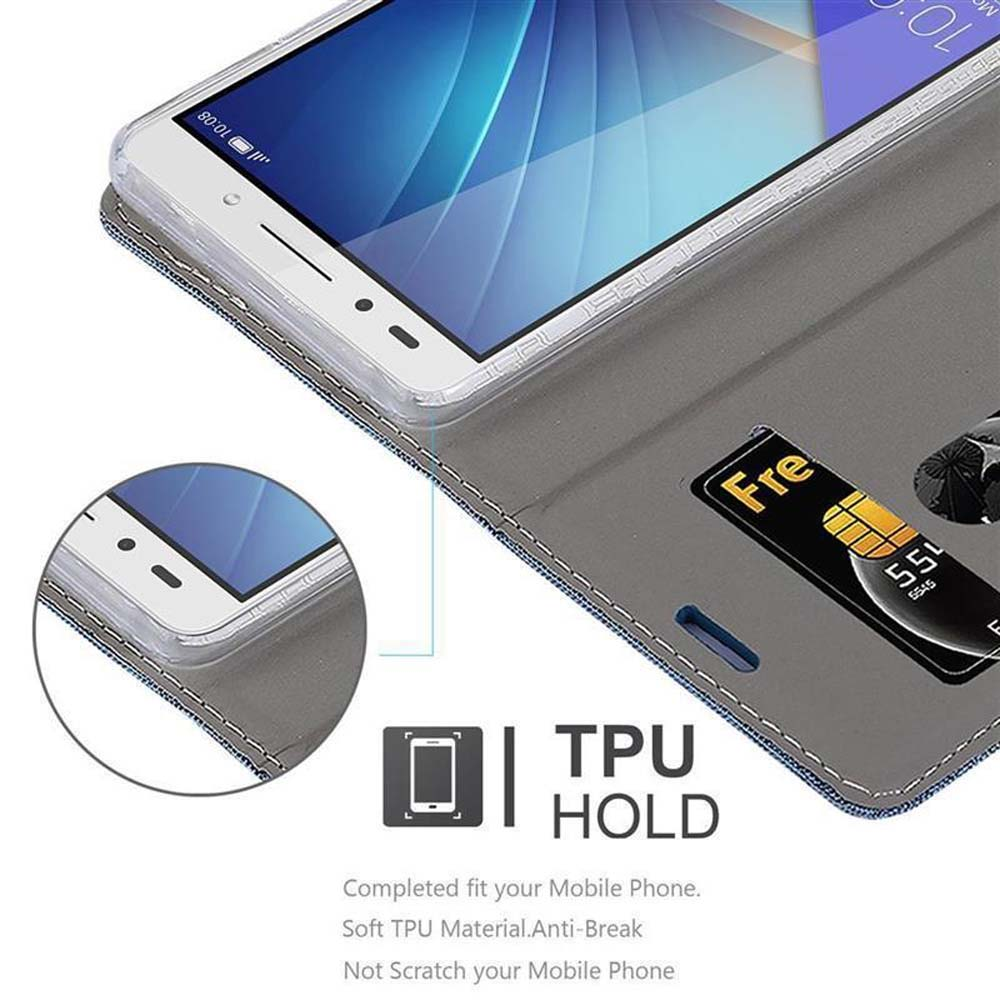 Telefono in una custodia grigia e blu aperta con una carta di credito all'interno. TPU Hold pubblicizzato.