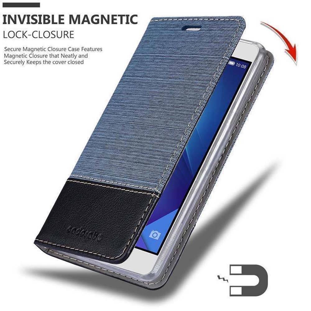 Telefono in custodia jeans blu, aperto. Lo schermo è visibile. Un magnete è in basso.