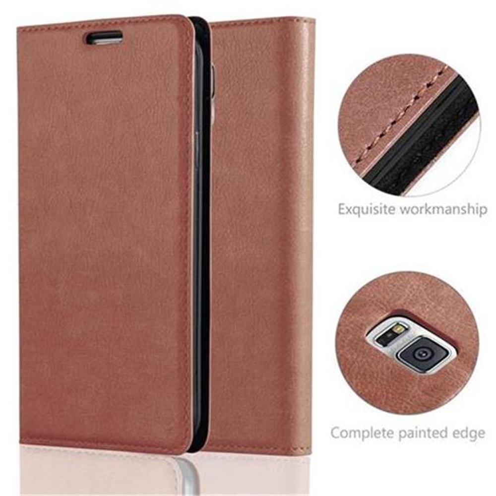 Funda de teléfono de cuero marrón. La funda está abierta y hay un primer plano de las costuras.