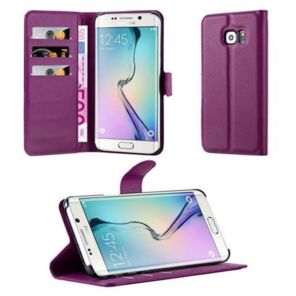 Custodia viola con telefono all'interno, carte di credito e denaro.