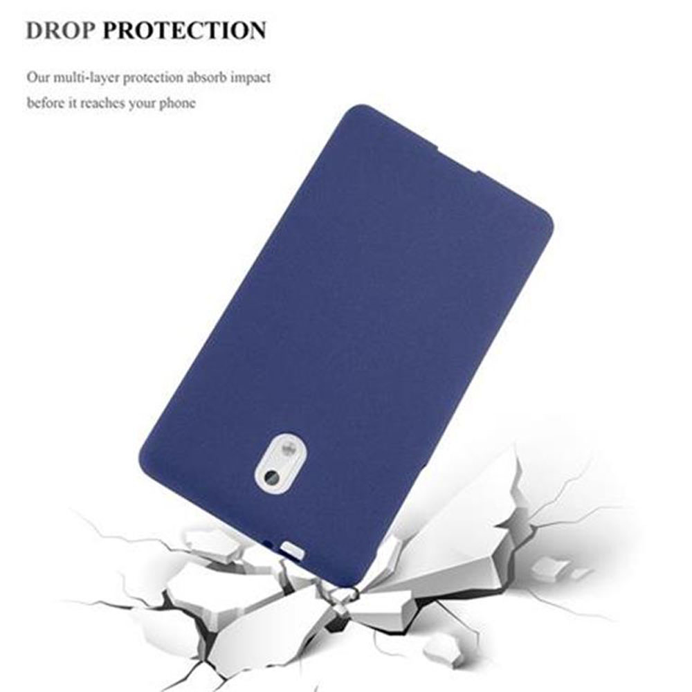 Custodia blu per telefono su una superficie infranta, con testo sulla protezione contro le cadute.