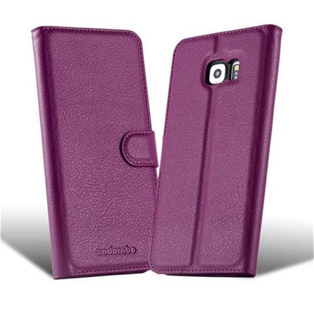 Custodie per telefono viola, chiuse e aperte. La custodia aperta mostra il retro del telefono. Le custodie sono in materiale testurizzato.