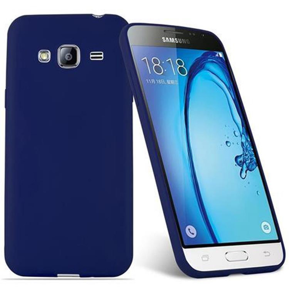 Custodia blu navy con un telefono all'interno. Il telefono ha uno schermo blu.