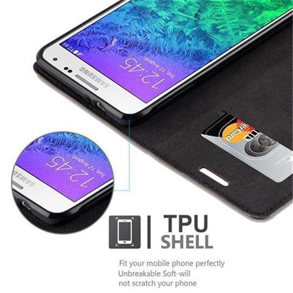 Teléfono en funda, abierto, con tarjeta de crédito. Texto: TPU Shell. Ajuste perfecto.