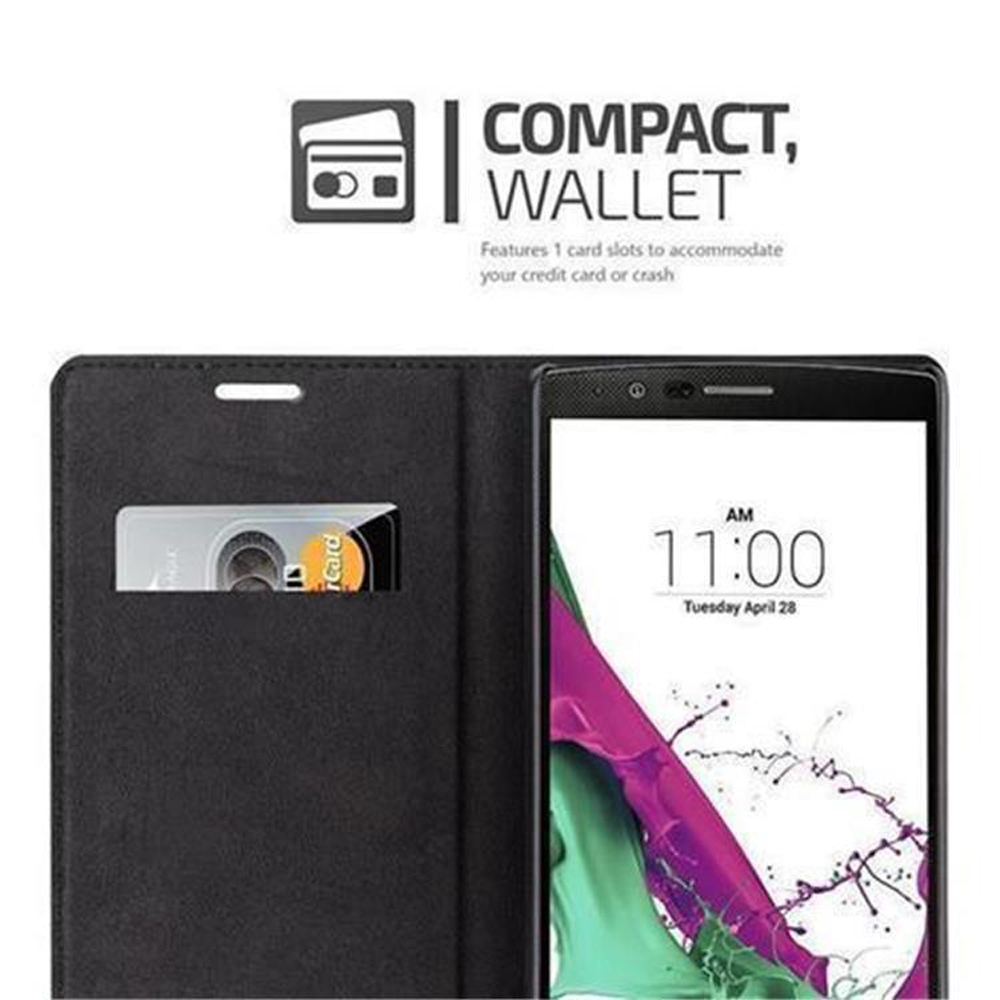Eine schwarze Handyhülle mit Kreditkartenfach und ein Telefon, das die Uhrzeit anzeigt.