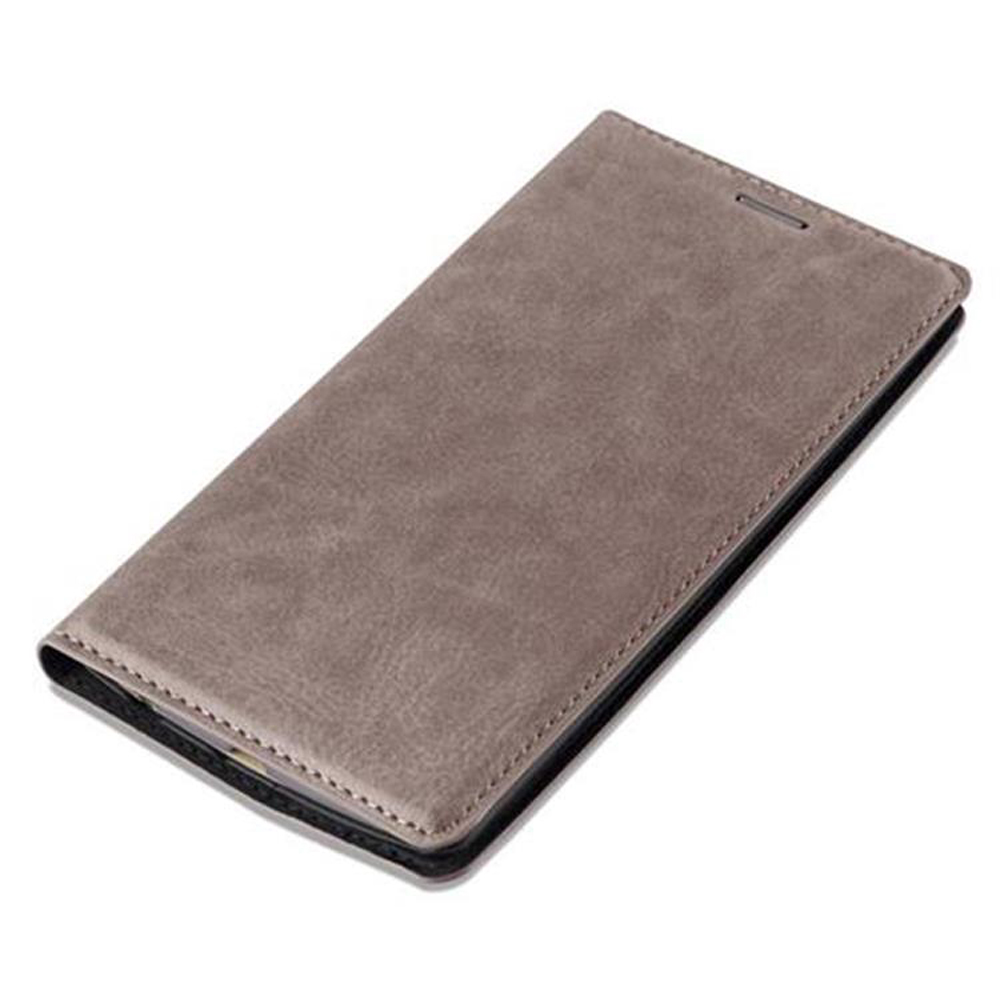 Graue Handyhülle, geschlossen. Zeigt die geschlossene Hülle. Hülle ist graues Leder. Schwarze Ränder. Einfaches Design.