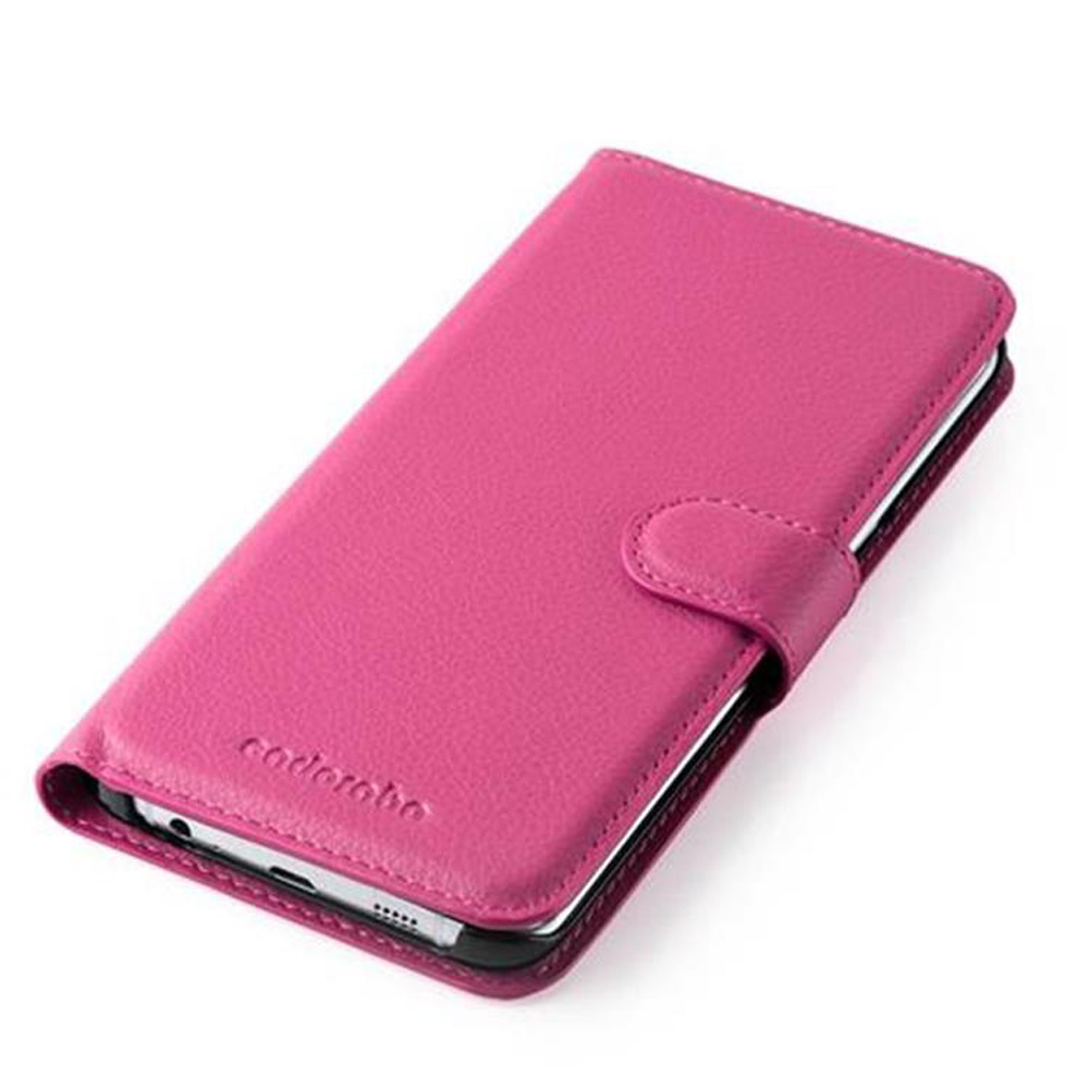 Custodia rosa per telefono con chiusura magnetica. Il telefono è all'interno. Sfondo bianco.