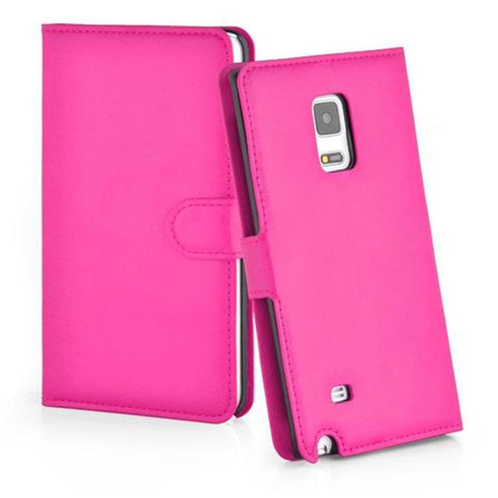 Pinke Leder-Handyhülle mit Magnetverschluss. Geöffnete Hülle zeigt den Platz für das Telefon.