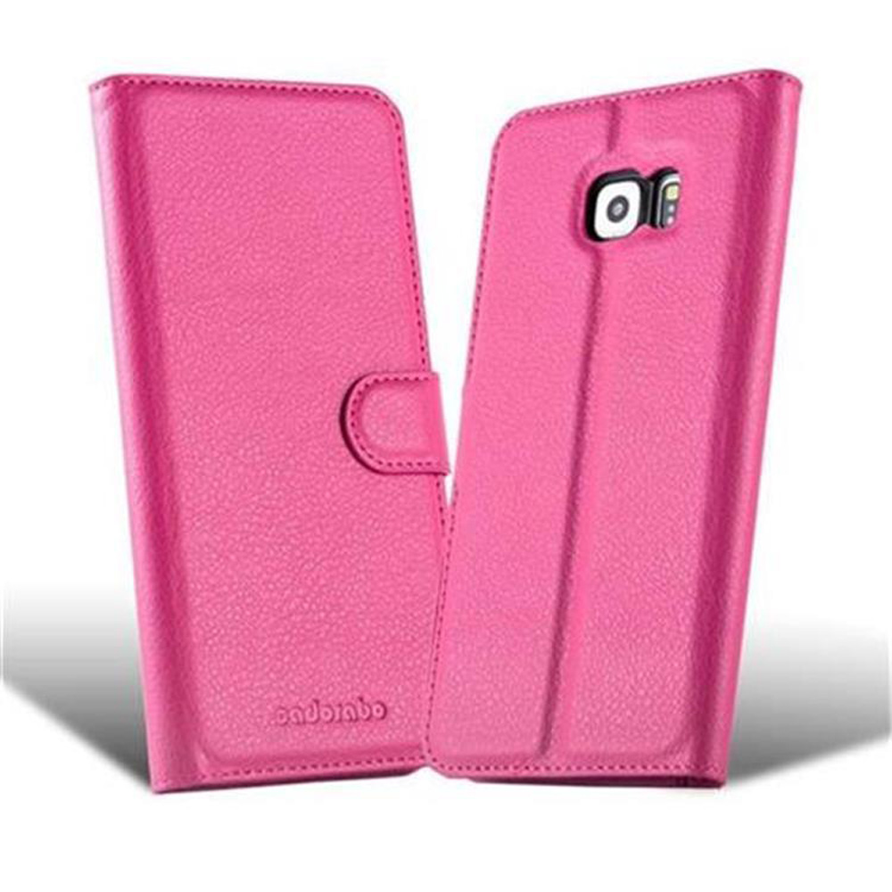 Custodia per telefono rosa aperta che mostra un telefono con un'interfaccia colorata.