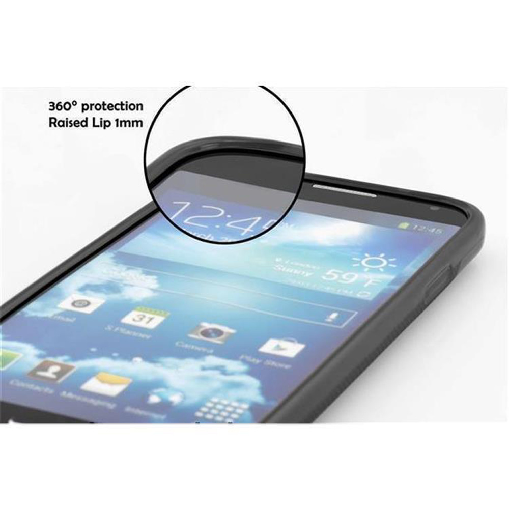 Telefono nero in una custodia con bordo rialzato, che mostra lo schermo. Testo: Protezione a 360°, bordo rialzato 1mm.