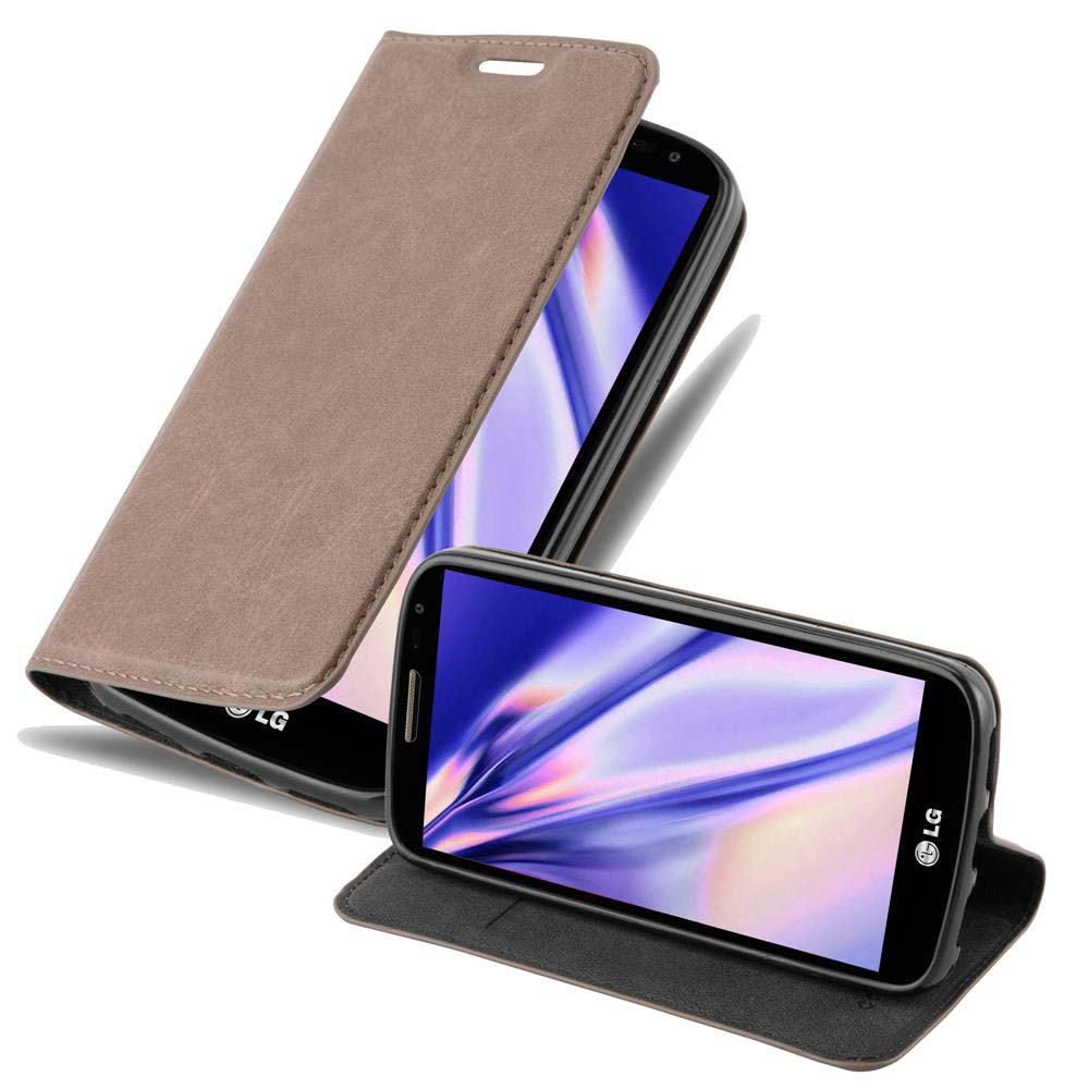 Hellbraune Handyhülle mit Telefon darin. Die Hülle ist geöffnet. Der Telefonbildschirm ist sichtbar. Telefon zeigt farbenfrohe Anzeige.