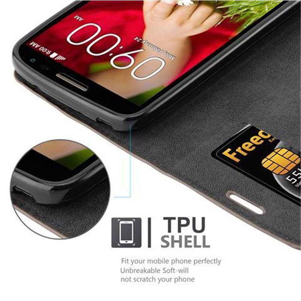 Ein Telefon in einer Flip-Case. Eine kleine Karte in einem Steckplatz. Die Hülle ist schwarz.