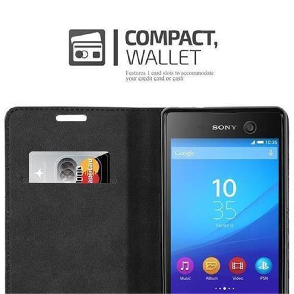 Teléfono en una funda. La funda tiene una ranura para tarjetas. Texto: Cartera Compacta. El teléfono es azul, con iconos.