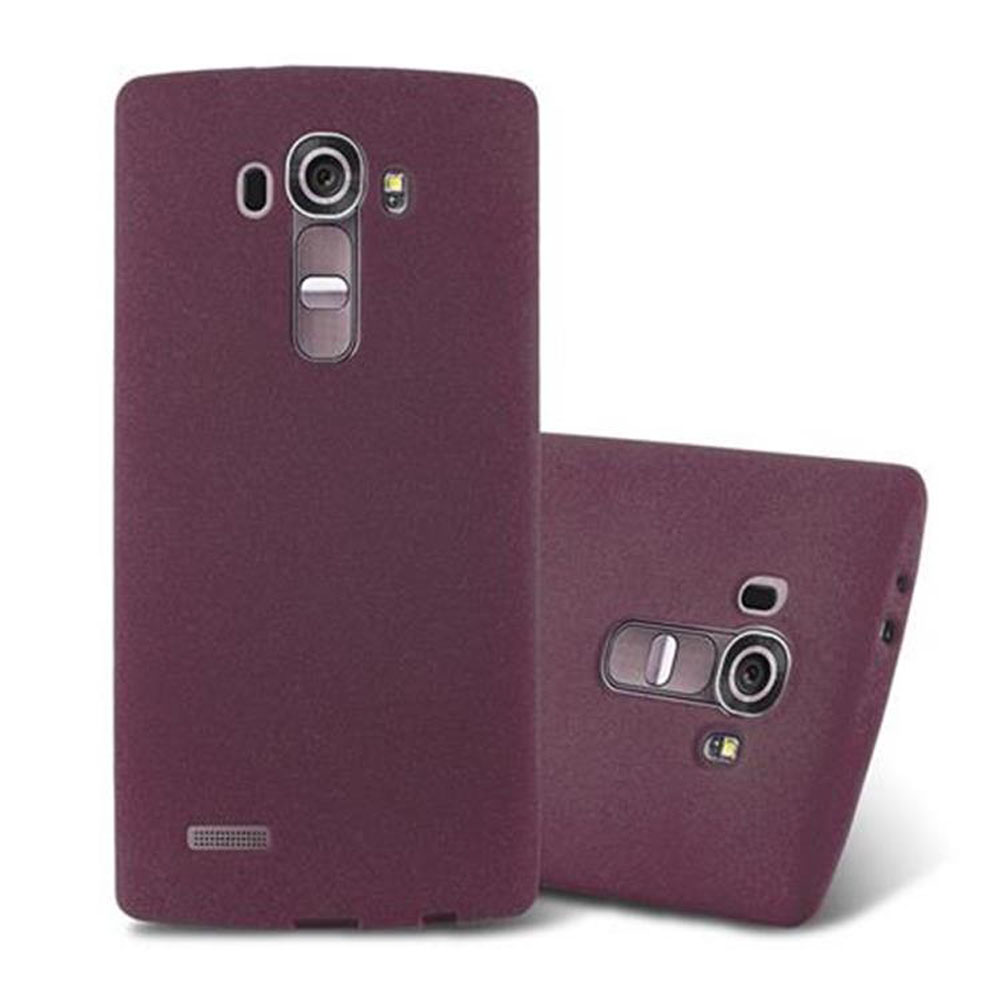 Dos fundas de teléfono granate, una de pie, otra tumbada. Ambas tienen recortes de cámara.