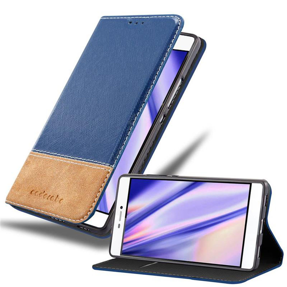 Custodia per telefono con tessuto blu e pelle marrone, che mostra un telefono. Lo schermo mostra un display viola.