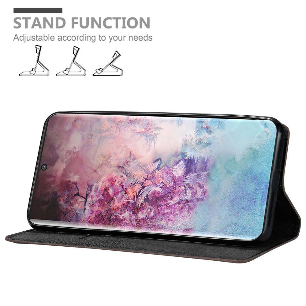 Un telefono in una custodia, che mostra la funzione stand. La custodia ha tre posizioni di supporto. Testo: FUNZIONE STAND.