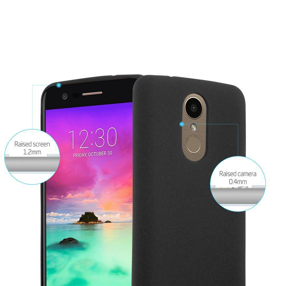 Funda de teléfono con un teléfono. La funda es negra. Muestra pantalla y cámara elevadas. Texto: Pantalla elevada 1,2 mm.