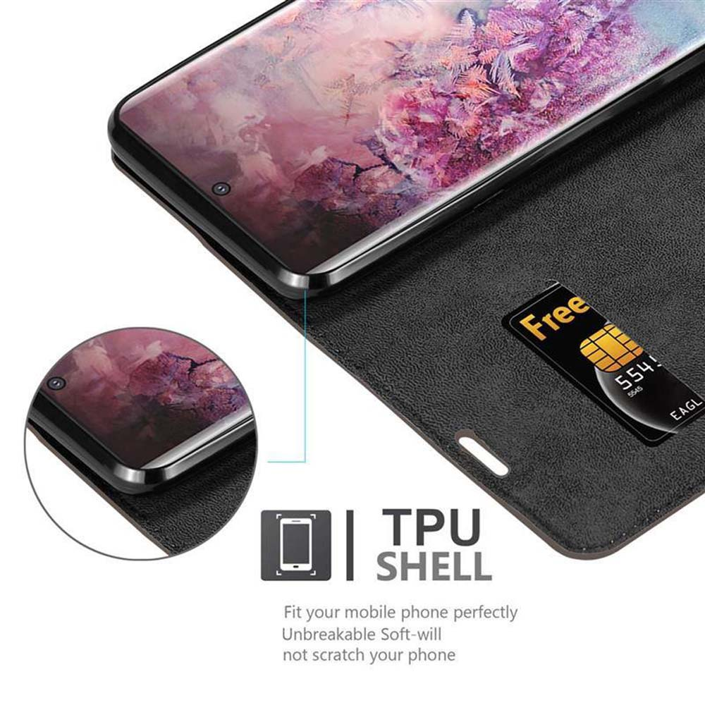 Un telefono con custodia nera, è visibile una carta con la scritta 'Gratis'. Il testo menziona il guscio in TPU.