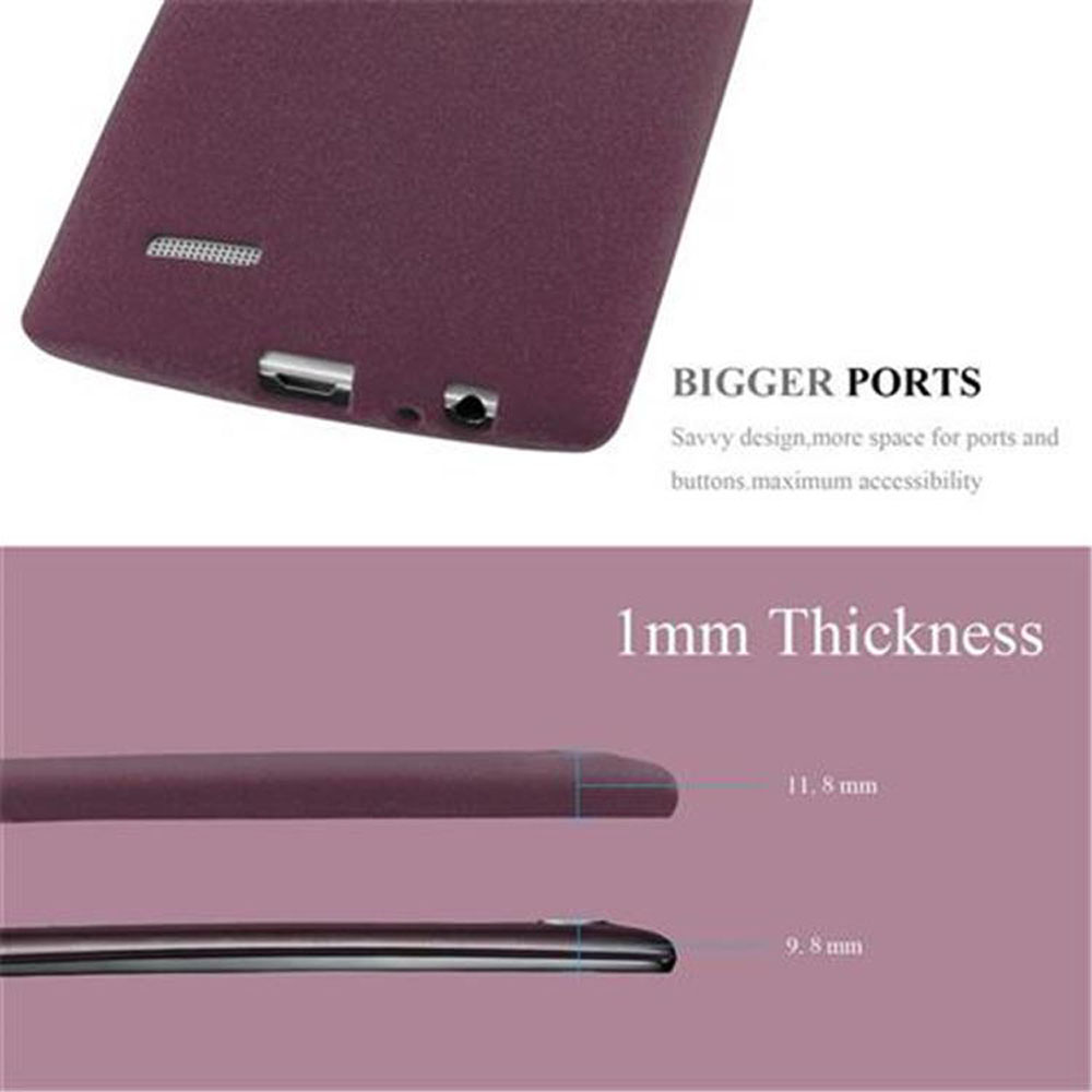 Funda de teléfono que muestra detalles sobre el grosor y puertos más grandes.