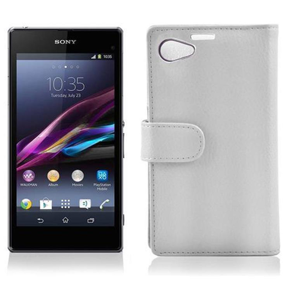 Telefono Sony e custodia bianca. Il telefono mostra l'ora e app.