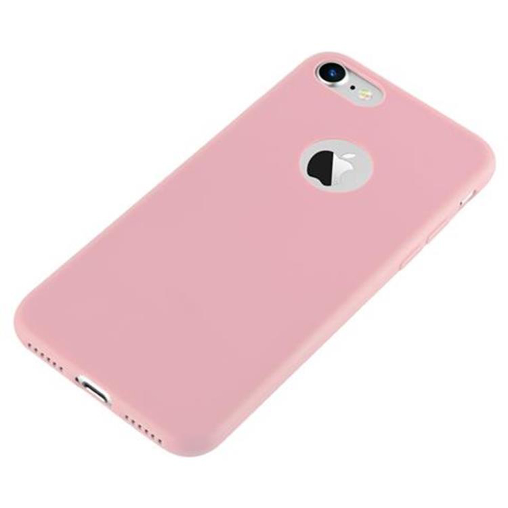 Eine rosa Handyhülle mit einem Apple-Logo auf weißem Hintergrund.