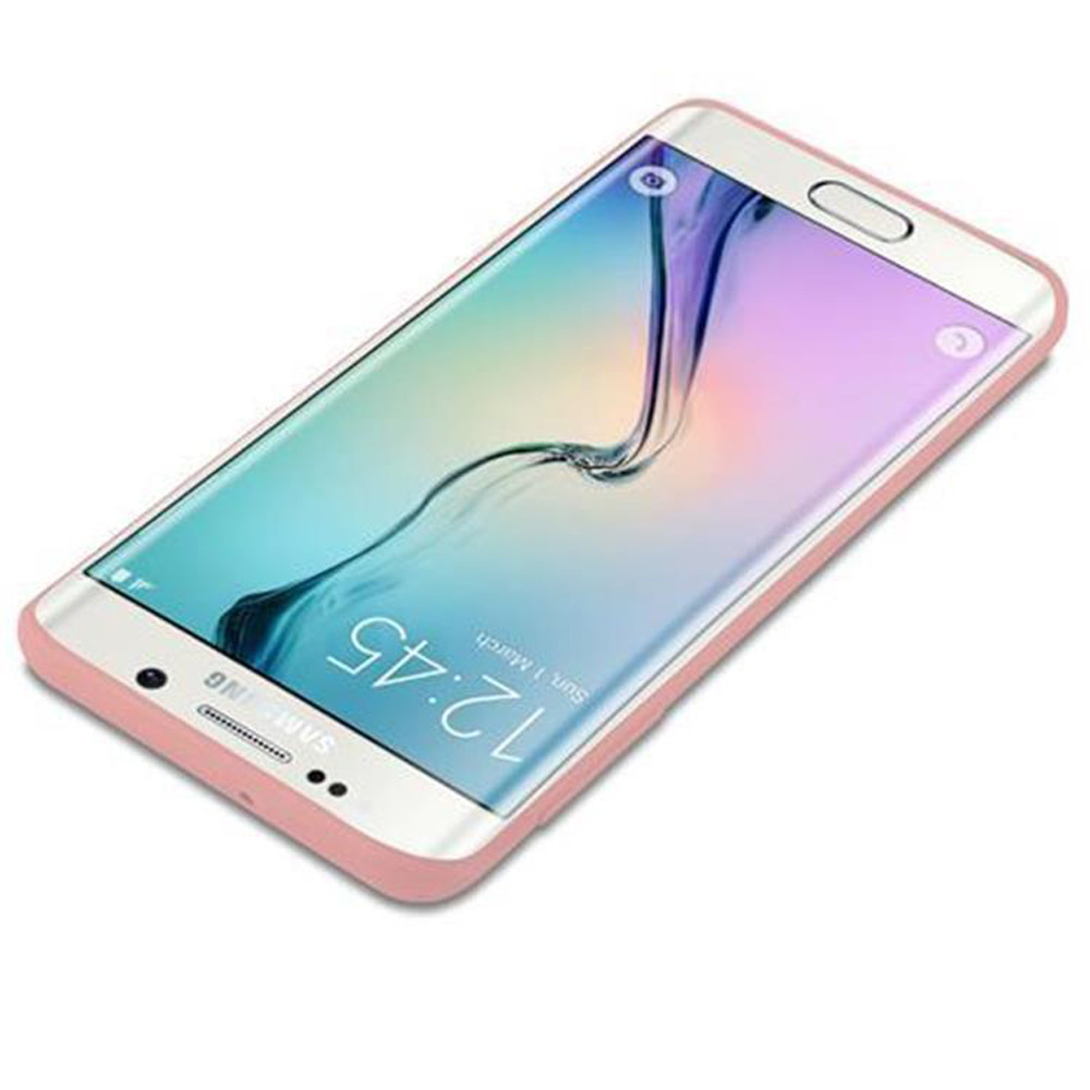 Rosafarbenes Telefon mit gebogenem Bildschirm, der ein farbenfrohes Bild anzeigt. Die Uhrzeit 12:45 wird angezeigt.